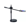 Black adjustable overhead phone stand with a heavy base and flexible boom arm, perfect for top-down photography.