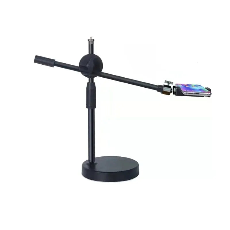 Black adjustable overhead phone stand with a heavy base and flexible boom arm, perfect for top-down photography.