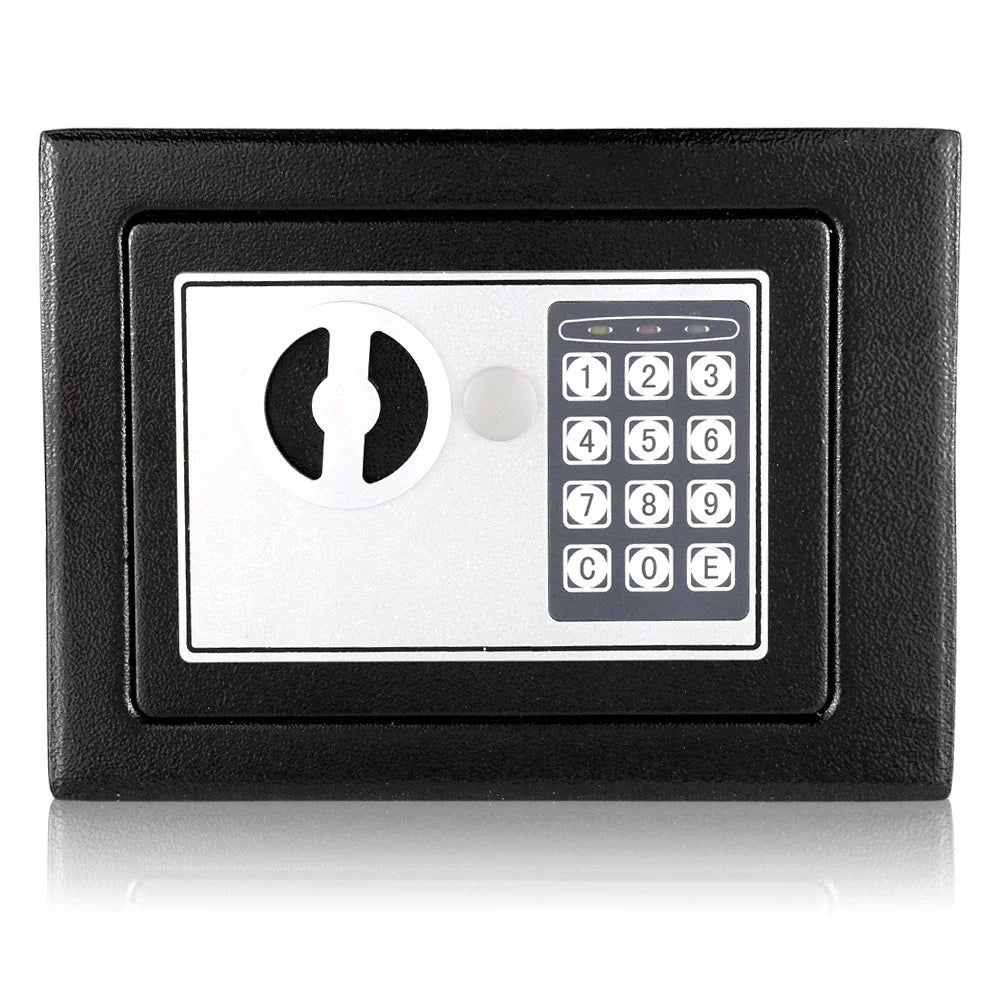 Black steel wall safe with a digital keypad and emergency lock.