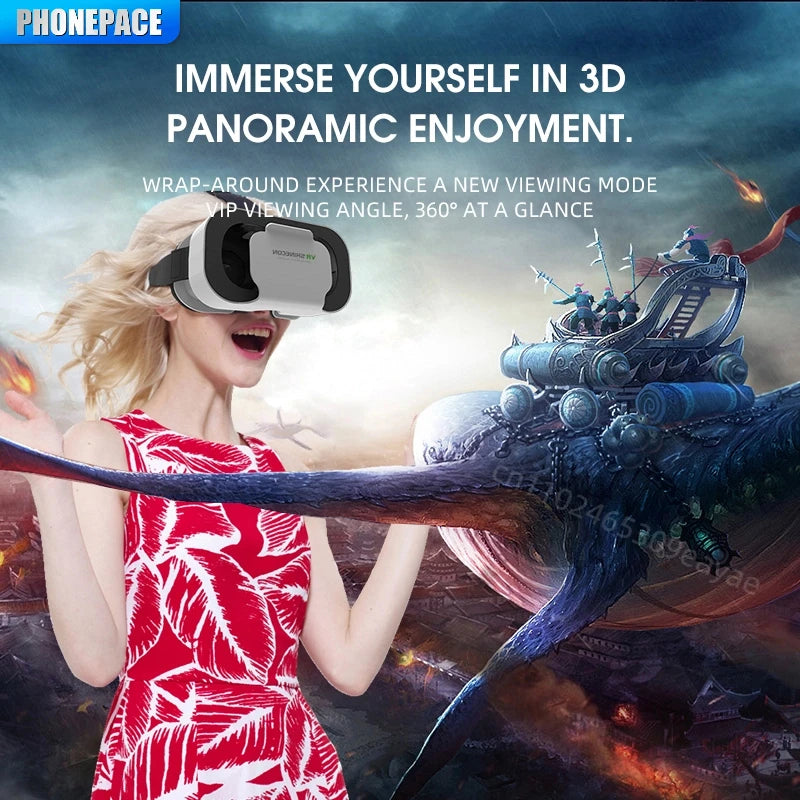 Woman wearing a sleek white and black VR headset for smartphones, experiencing an immersive 3D panoramic fantasy world.