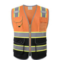 Orange and black high-visibility utility vest with reflective strips and multiple front storage pockets.