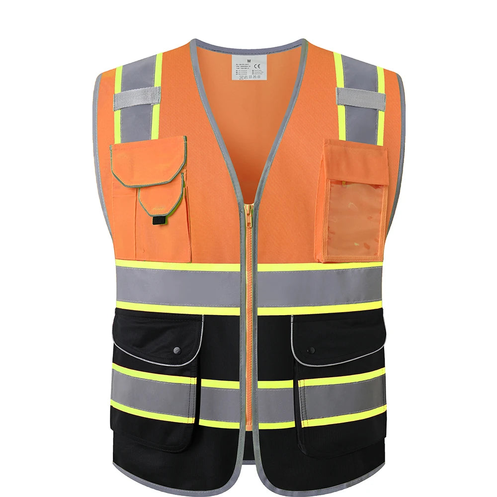 Orange and black high-visibility utility vest with reflective strips and multiple front storage pockets.