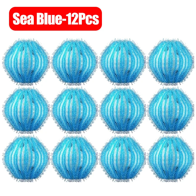 Twelve sea blue textured laundry washing balls arranged in a grid, used for catching hair and lint.