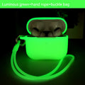 Glow-in-the-dark luminous green silicone AirPods Pro case with wrist strap and metal buckle.