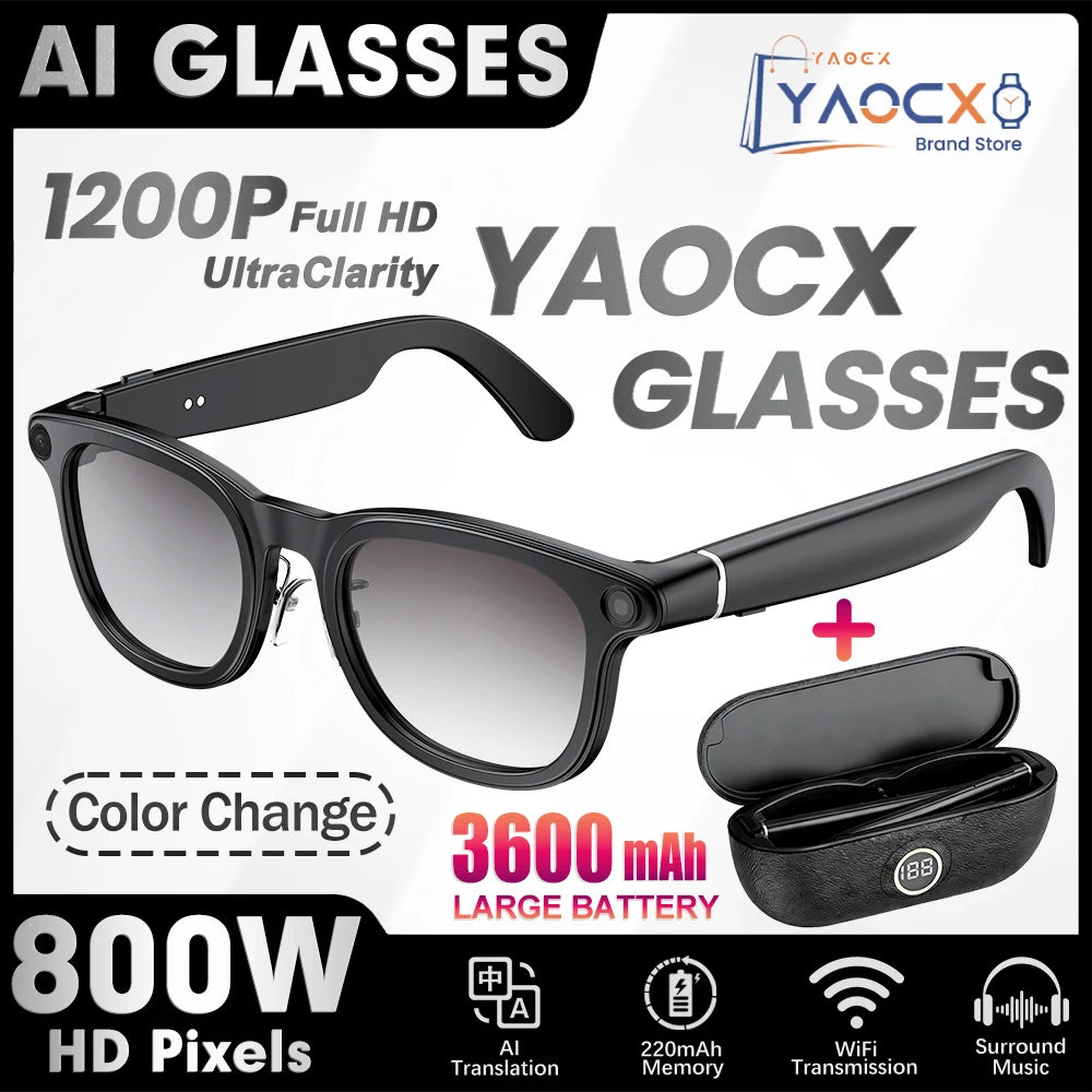 Stylish black smart glasses with integrated HD camera, gradient lenses, and a matching charging case.