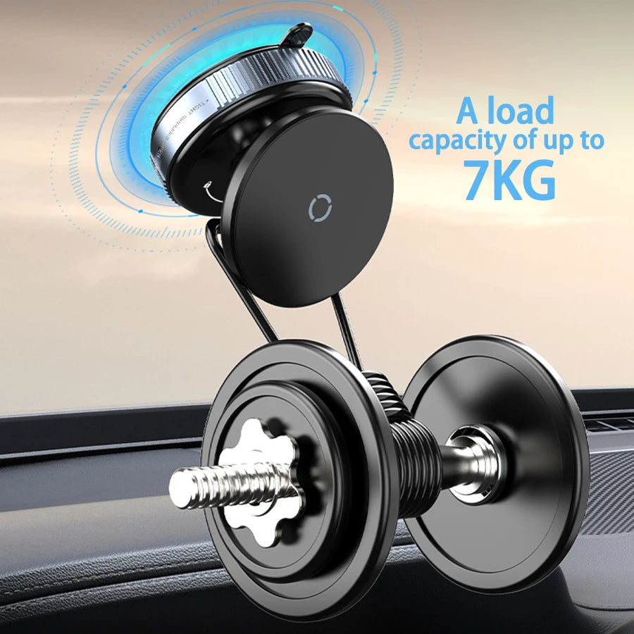 Black suction-cup car mount with a metallic, modern design, demonstrating a 7kg load capacity holding a weight.