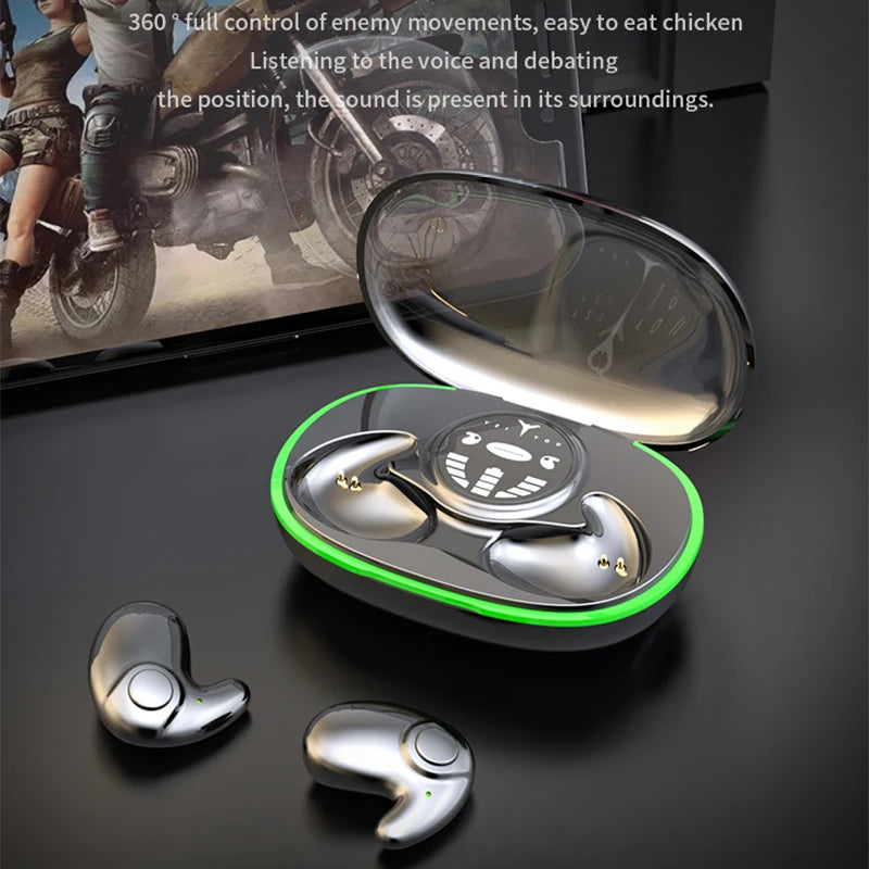 Wireless silver gaming earbuds in a transparent charging case with a glowing green neon rim on a dark background.