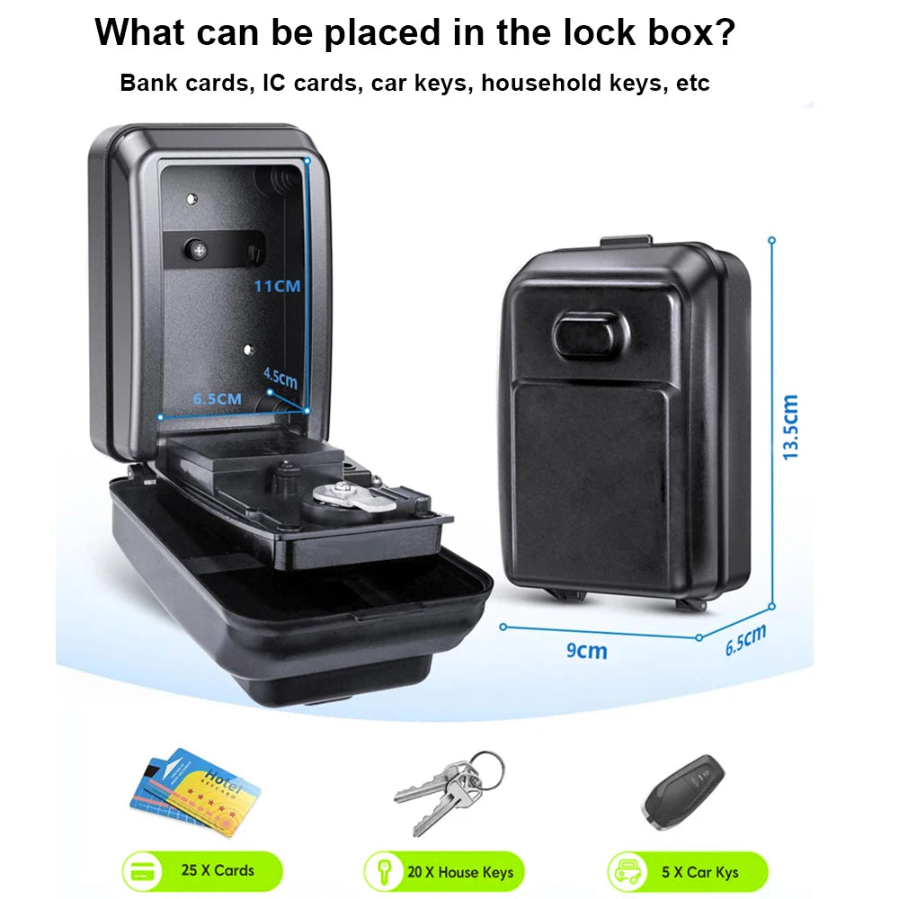 Black metal key lock box with internal measurements, shown open and closed with capacity icons for cards and keys.