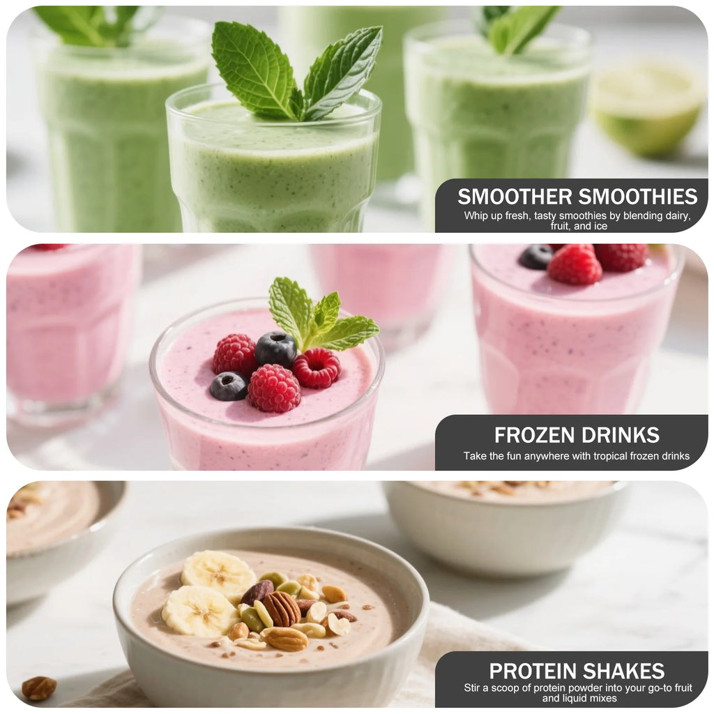 Three panels showing green smoothies, pink berry smoothies, and a tan protein shake bowl topped with fruit and nuts.