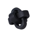 Matte black decorative wooden knot sculpture with an interlocking circular design on a plain white background.