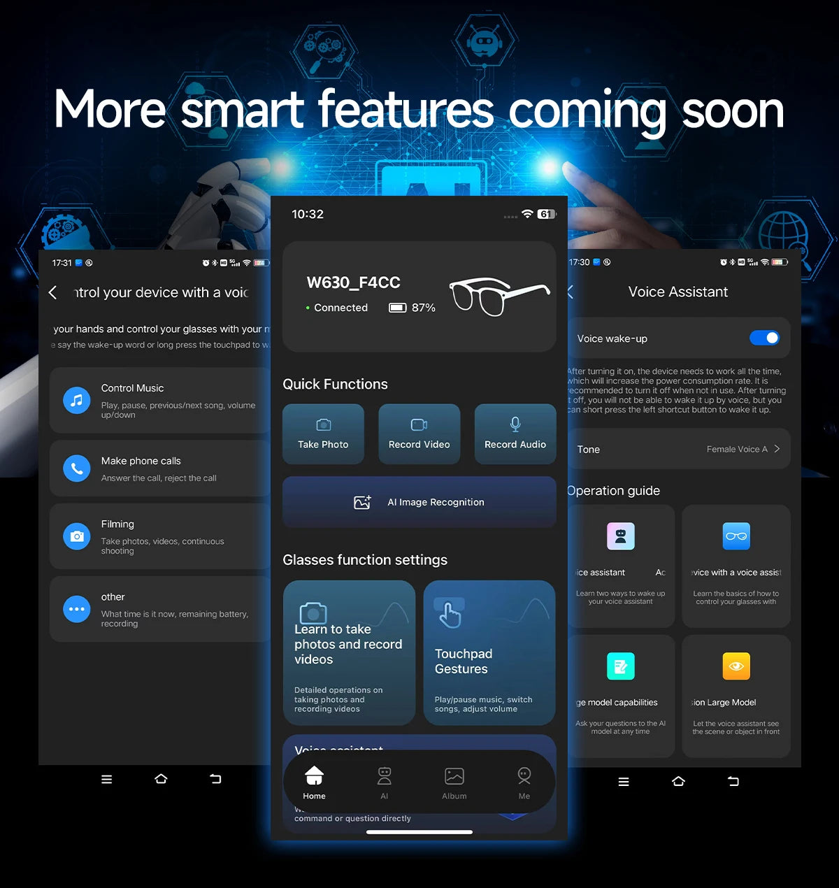 Smartphone interface showing settings for black smart glasses, featuring video, photo, audio and AI translation controls.