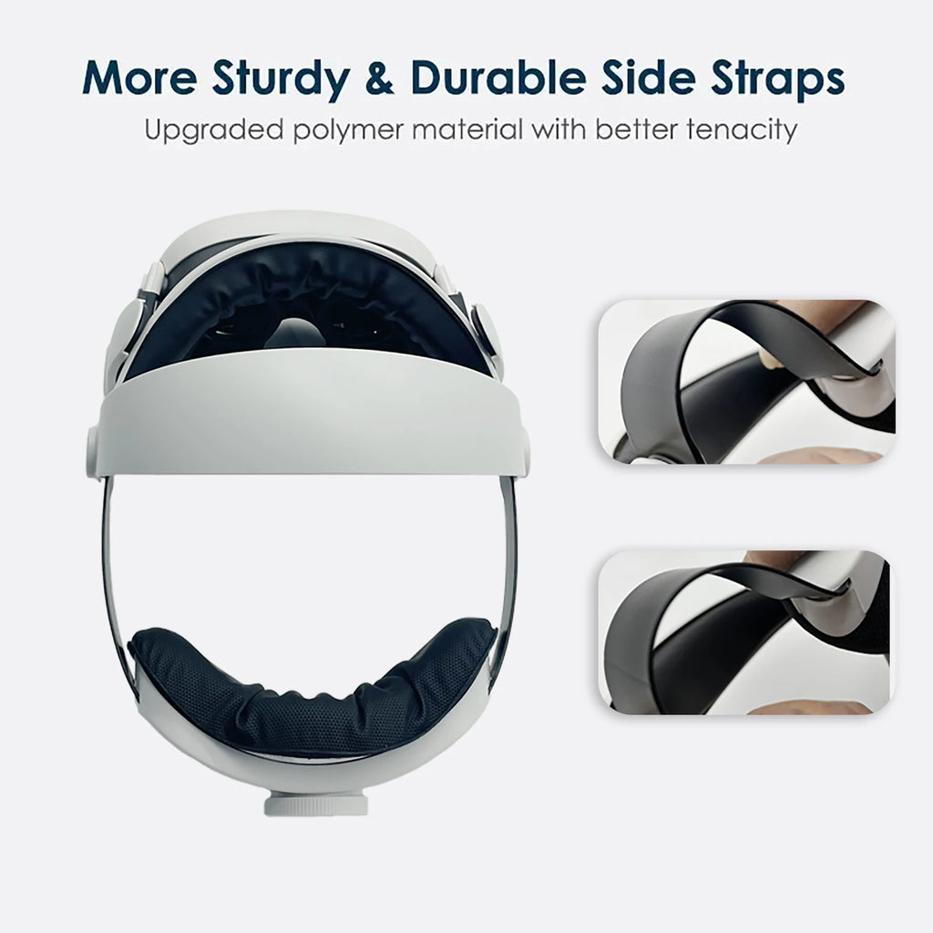 White halo head strap for VR headsets with black cushioned pads and flexible, durable side arms.