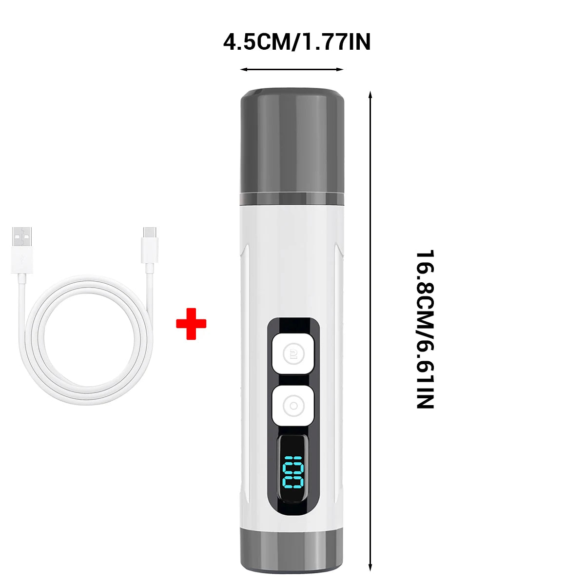 White and grey electric pet nail grinder with a digital LED battery display, shown with a USB charging cable.
