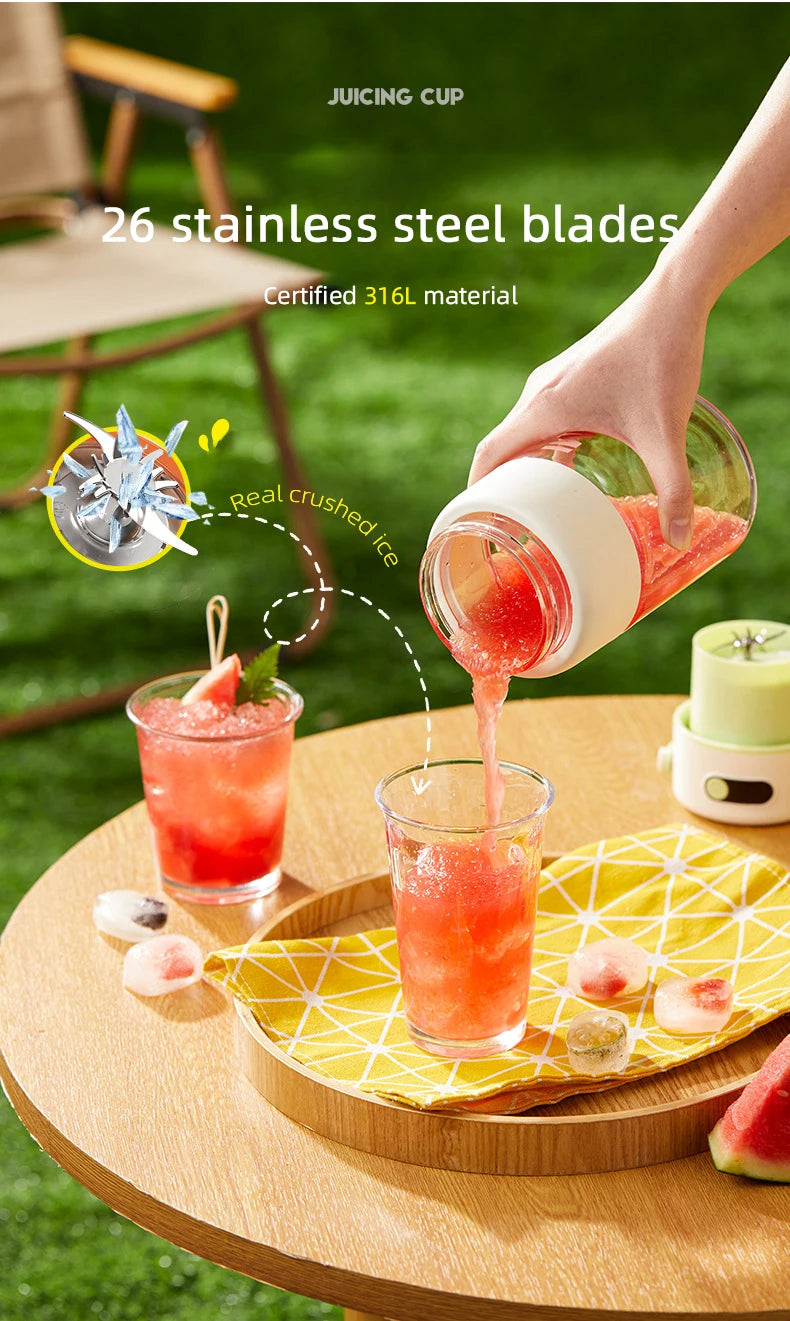 Portable white juicing cup with stainless steel blades, shown pouring a fresh watermelon drink into a glass.