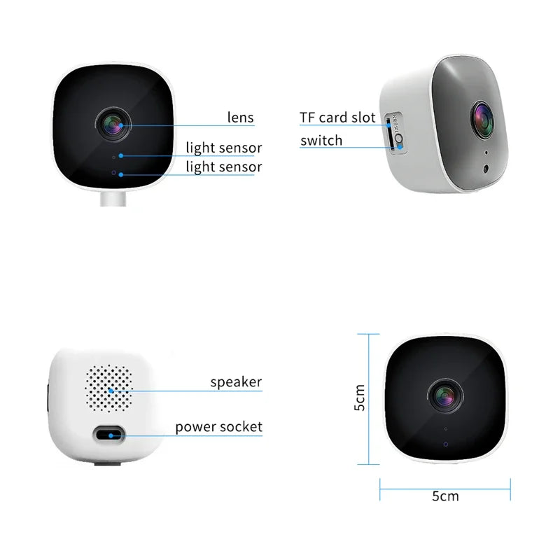 Small white WiFi security camera with lens, speaker, TF card slot, and power socket, showing 5cm compact dimensions.