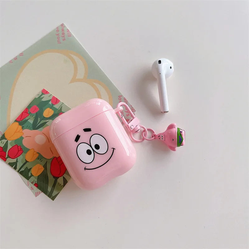 Pink glossy hard shell AirPods case featuring Patrick Star, with matching charm, for Apple AirPods 1/2.