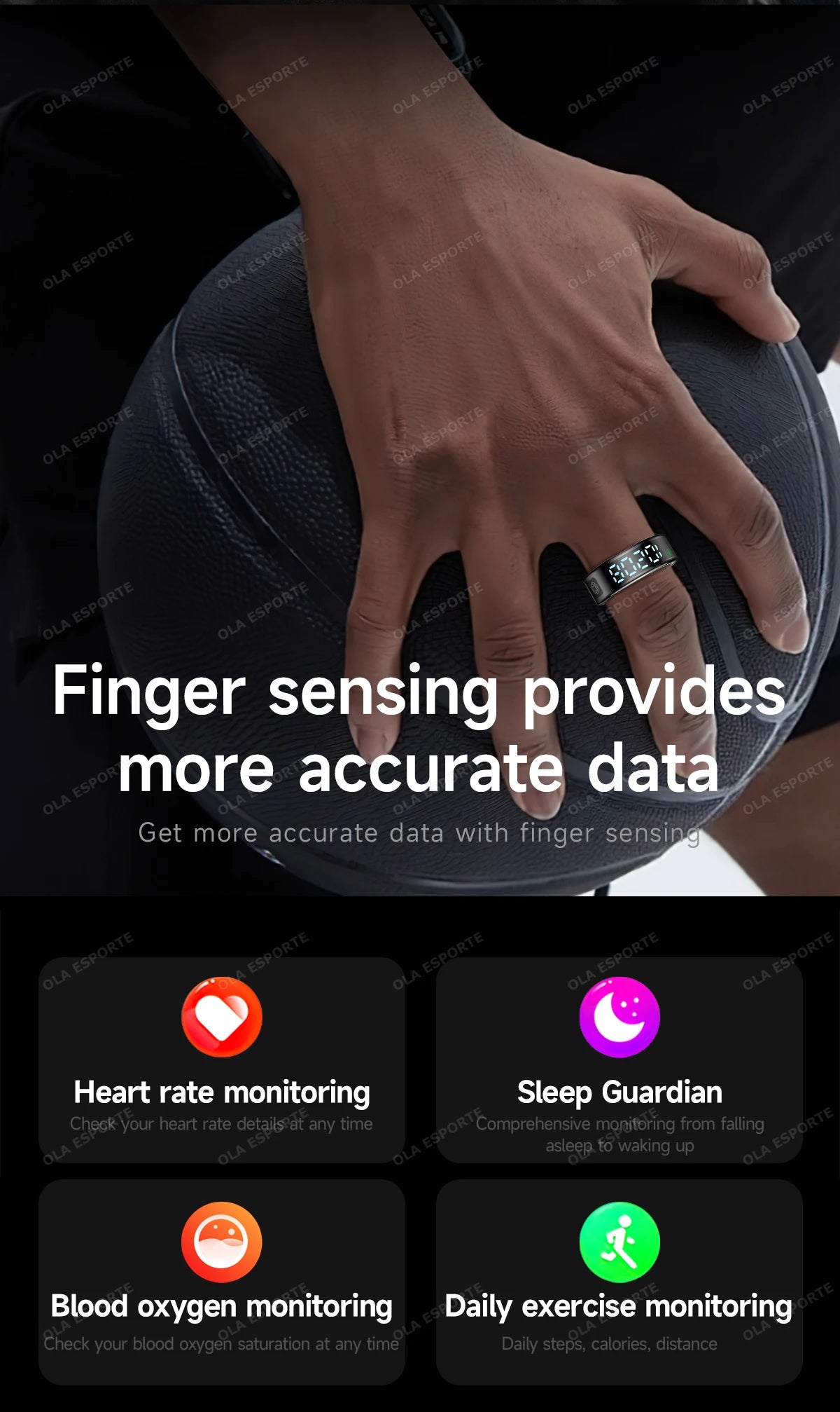 Sleek black smart health tracking ring on a person's finger, displaying heart rate, sleep, oxygen and activity stats.