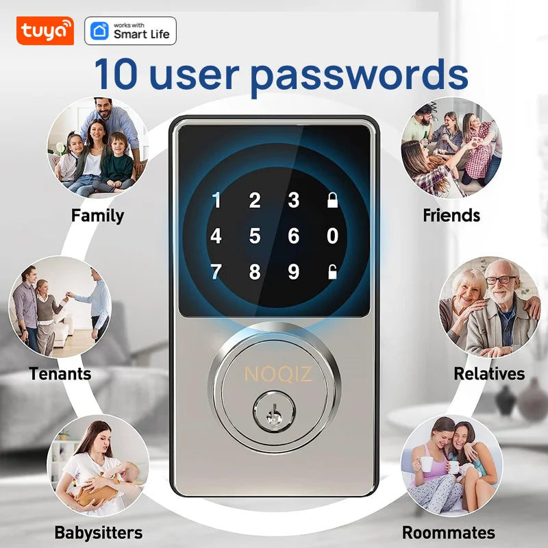 Silver smart door lock with rectangular body, touchscreen keypad showing numbers, and round key cylinder below.