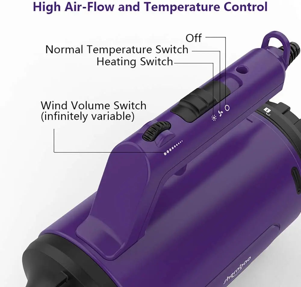 Purple pet hair dryer featuring adjustable airflow dial, heat settings, and a power switch.