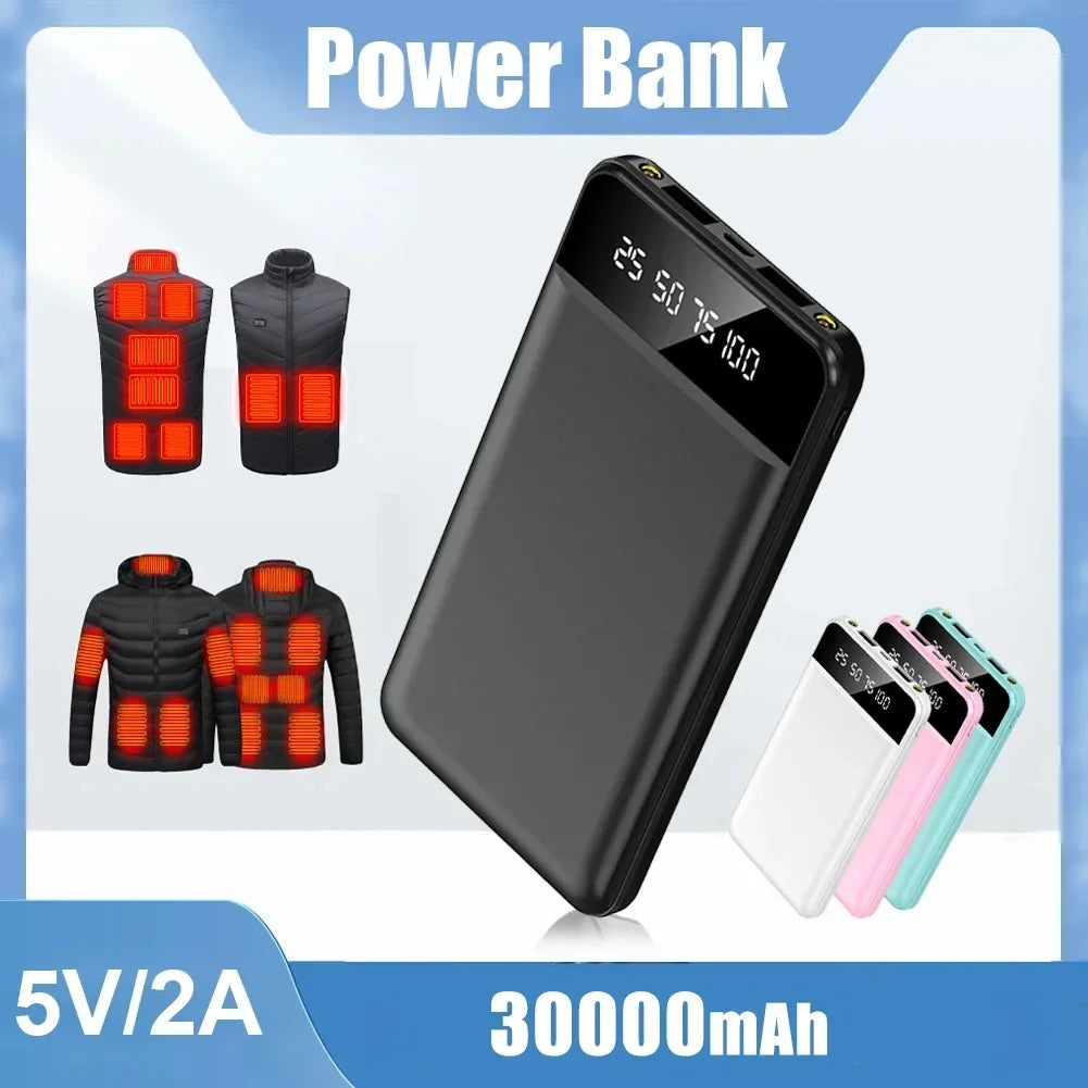 Black power bank with LED display, shown with heated vests and available in white, pink, and blue.
