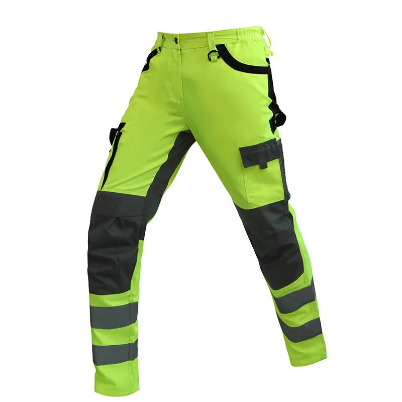 High-visibility lime yellow and dark grey work trousers with multiple pockets, reinforced knees, and reflective tape.