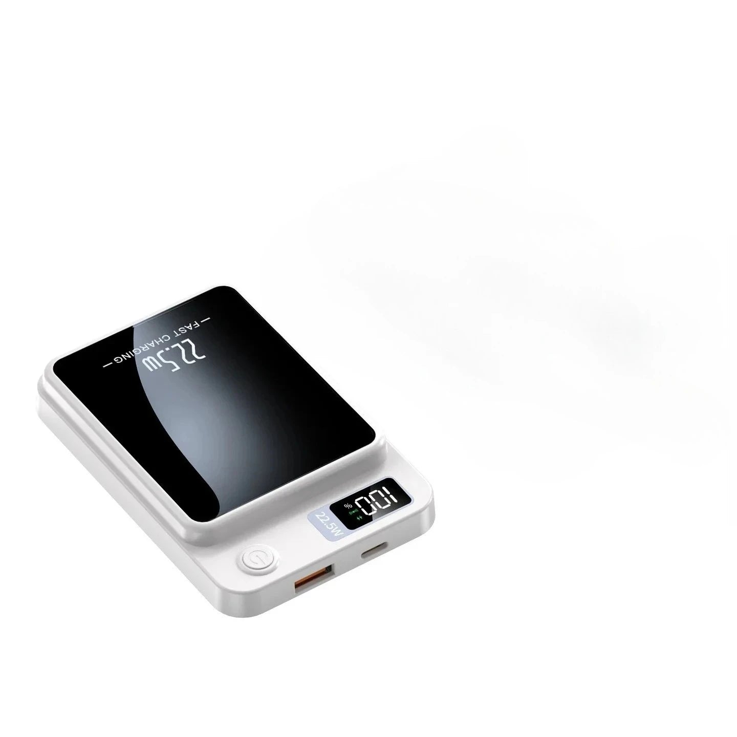White magnetic wireless power bank with a black top surface and digital display showing 100% battery and 22.5W charging.