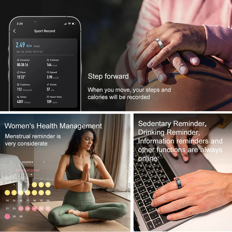 A sleek, dark grey smart health ring on a finger, showing activity tracking, health alerts and app integration.