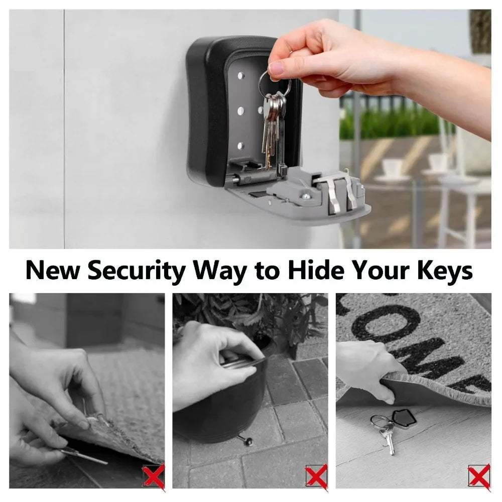 Black metal wall-mounted key lock box with an open door and hanging keys.