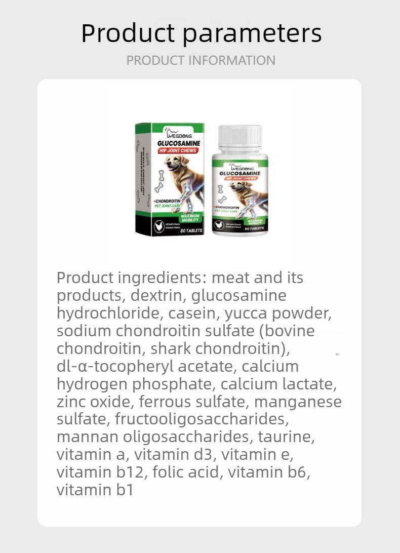 Glucosamine hip and joint chew supplement for dogs in a green box and white bottle, 80 chicken-flavoured tablets.