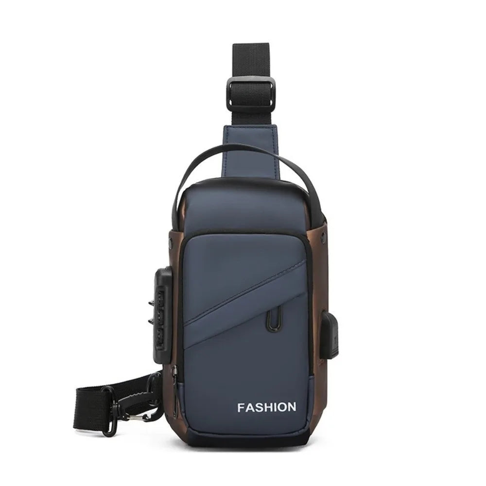 Blue and brown anti-theft crossbody chest bag with adjustable strap, top handle, and built-in USB charging port.