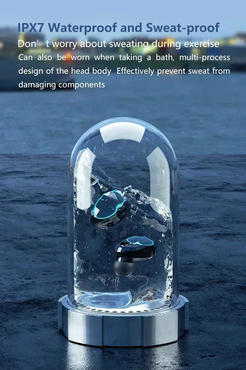 Black wireless earbuds with blue LED accents, submerged in a glass display case filled with water.