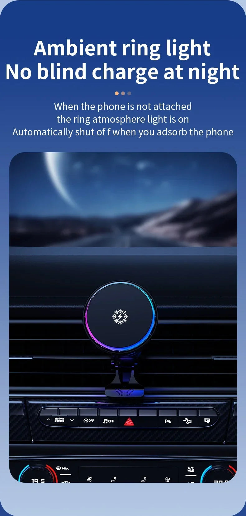 Round magnetic car phone mount with a vibrant, glowing circular ambient light ring attached to a vehicle air vent.