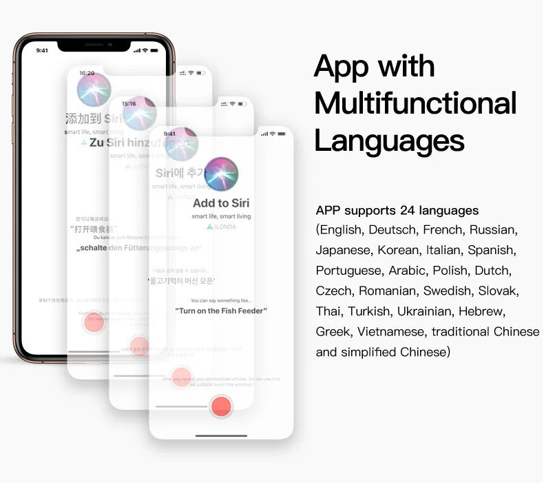 Three smartphones display a multilingual smart home app interface with voice command settings in various languages.