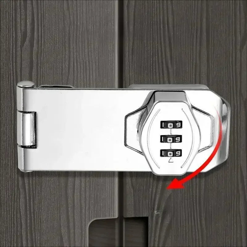 Silver-colored metal hasp lock with a three-digit combination dial, mounted on a dark wood grain surface.