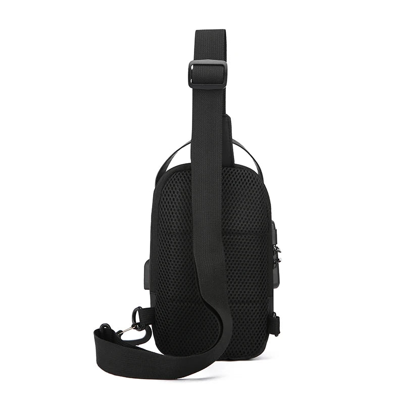 Black crossbody chest bag featuring a breathable mesh back panel, adjustable shoulder strap and integrated USB port.