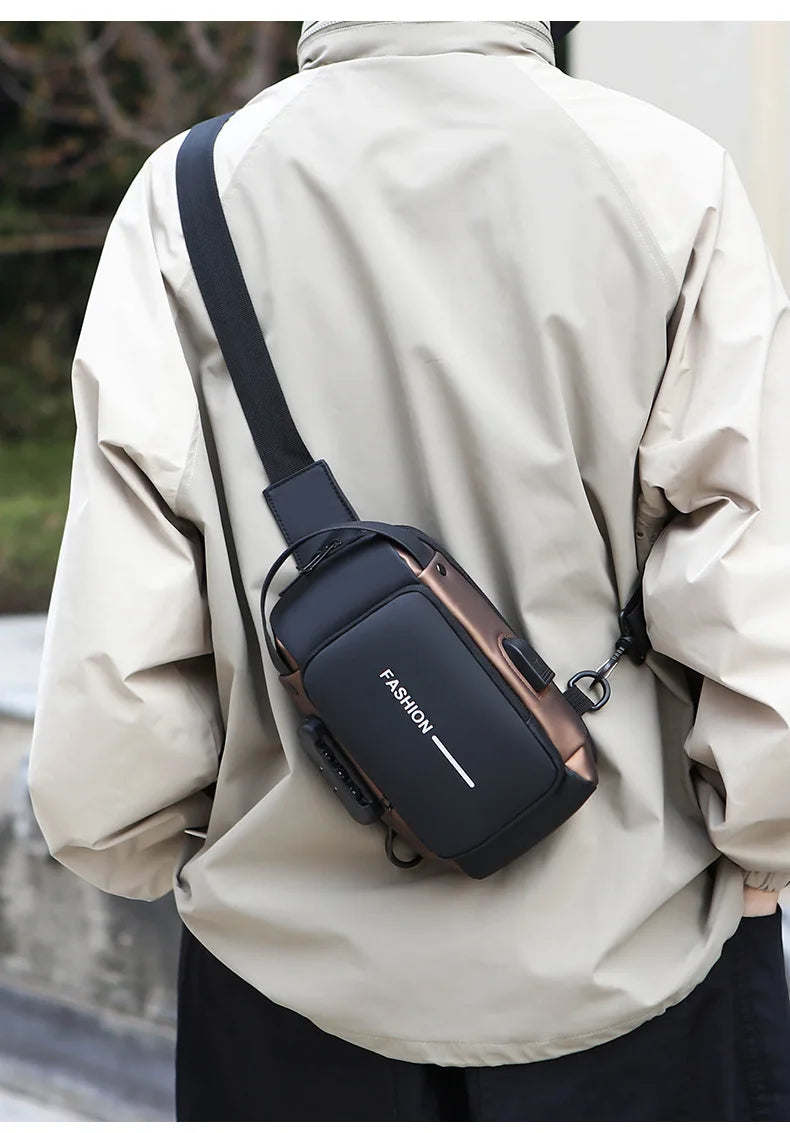 Black and metallic bronze anti-theft crossbody sling bag with a built-in USB charging port, worn over the shoulder.