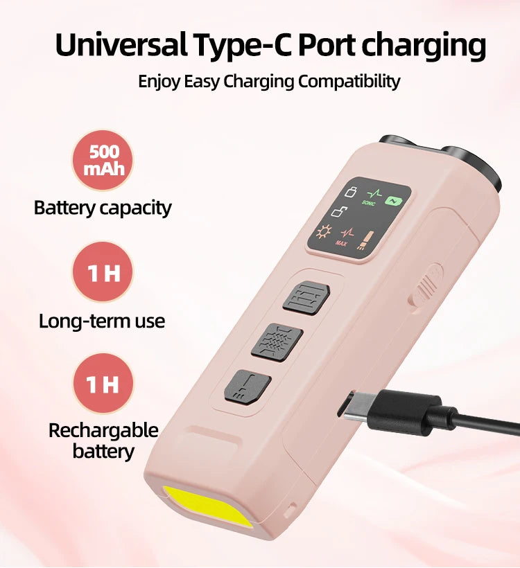 A pink, rechargeable dog training device with a USB-C charging cable, control buttons, and an LED strobe light.