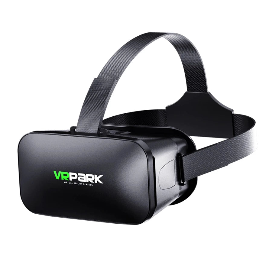 Black virtual reality headset with an adjustable elastic head strap, isolated on a white background.