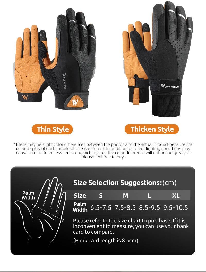 Black and tan West Biking cycling gloves in thin and thickened styles with an included size chart.