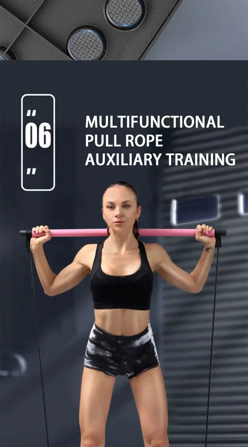 A woman exercising with a pink resistance training bar and pull ropes, part of a 30-in-1 home gym workout set.