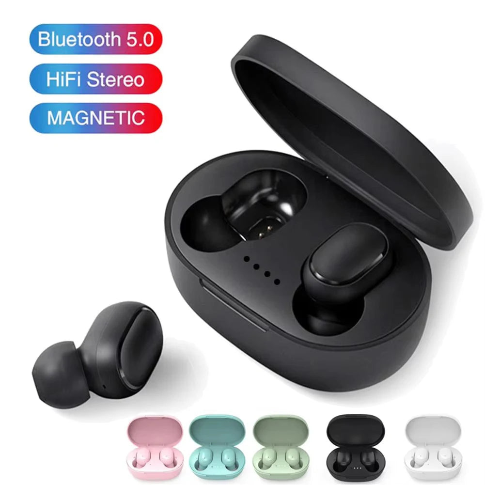 Black wireless earbuds with a compact charging case. Multiple color options shown below: pink, blue, green, black, white.