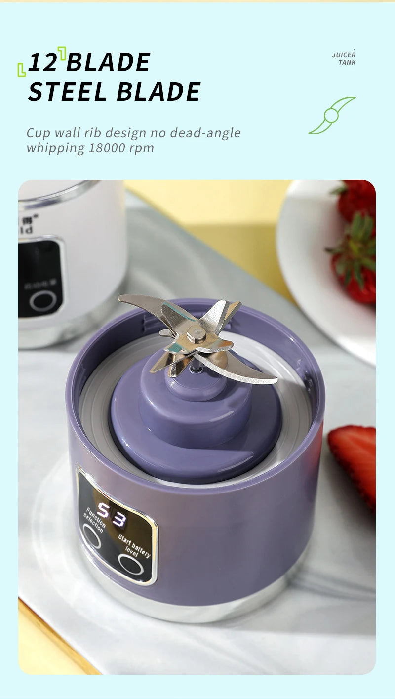 Purple portable blender base with a 12-blade stainless steel attachment and a digital function display.