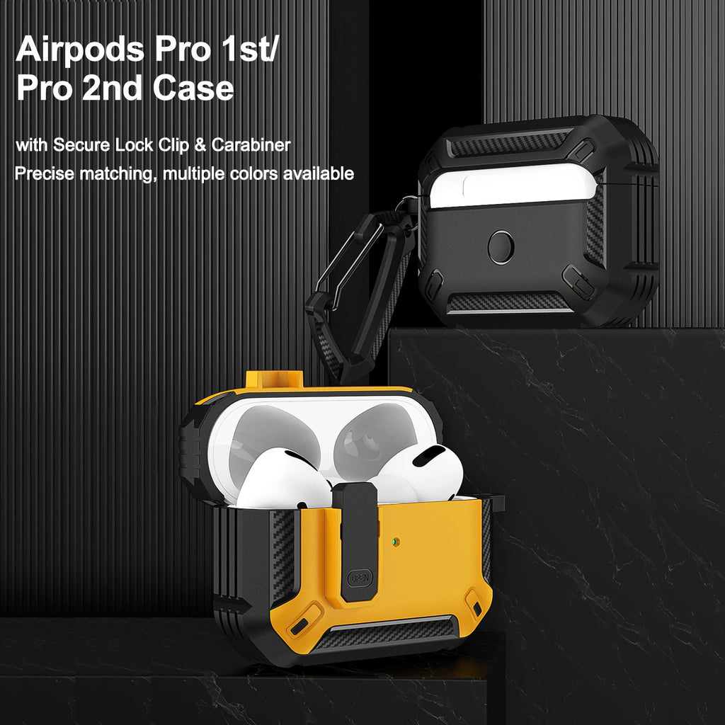 Rugged, shockproof protective case for AirPods Pro 1st/2nd Gen, available in black or yellow with a carabiner clip.