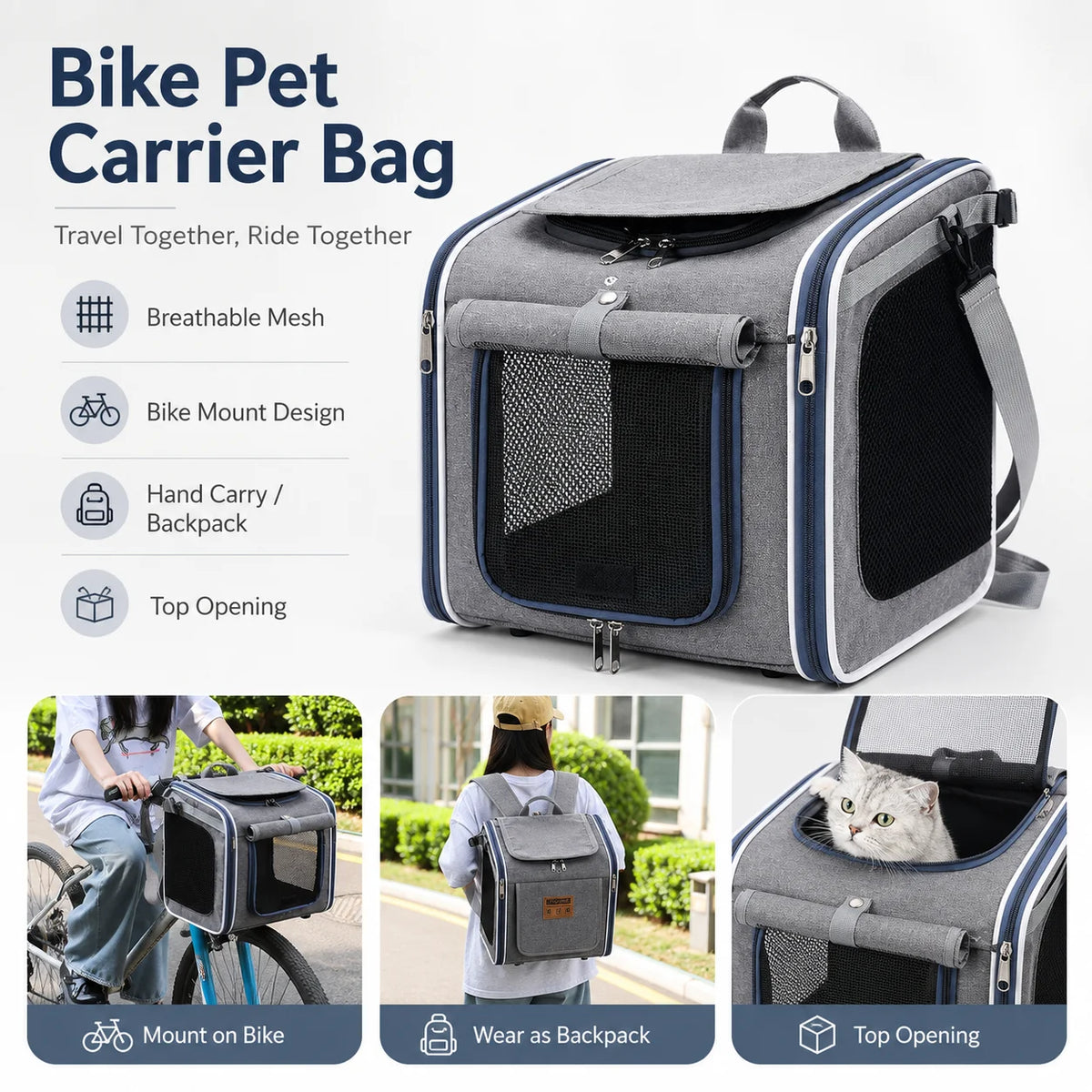 Gray structured pet carrier backpack with breathable black mesh windows, top opening, and bike mount design.