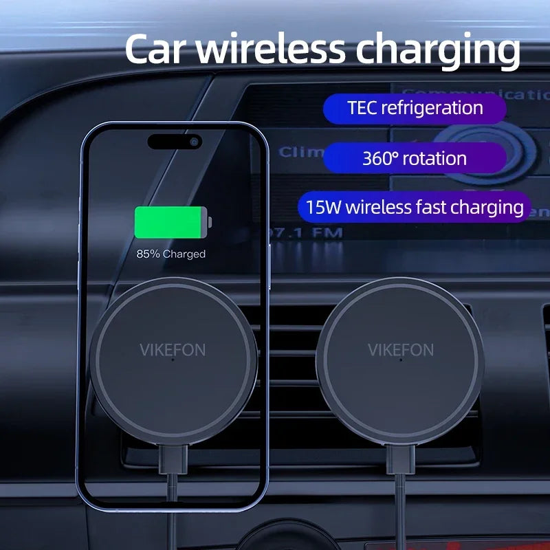 Black circular car wireless charger mounted on a dashboard, featuring a slim, modern design and magnetic attachment.