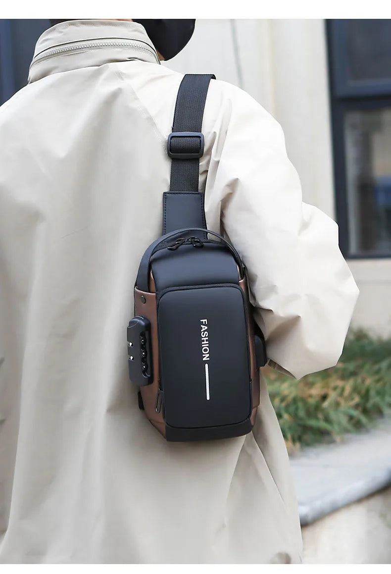 Black and brown anti-theft crossbody sling bag with a secure combination lock, worn over the shoulder.