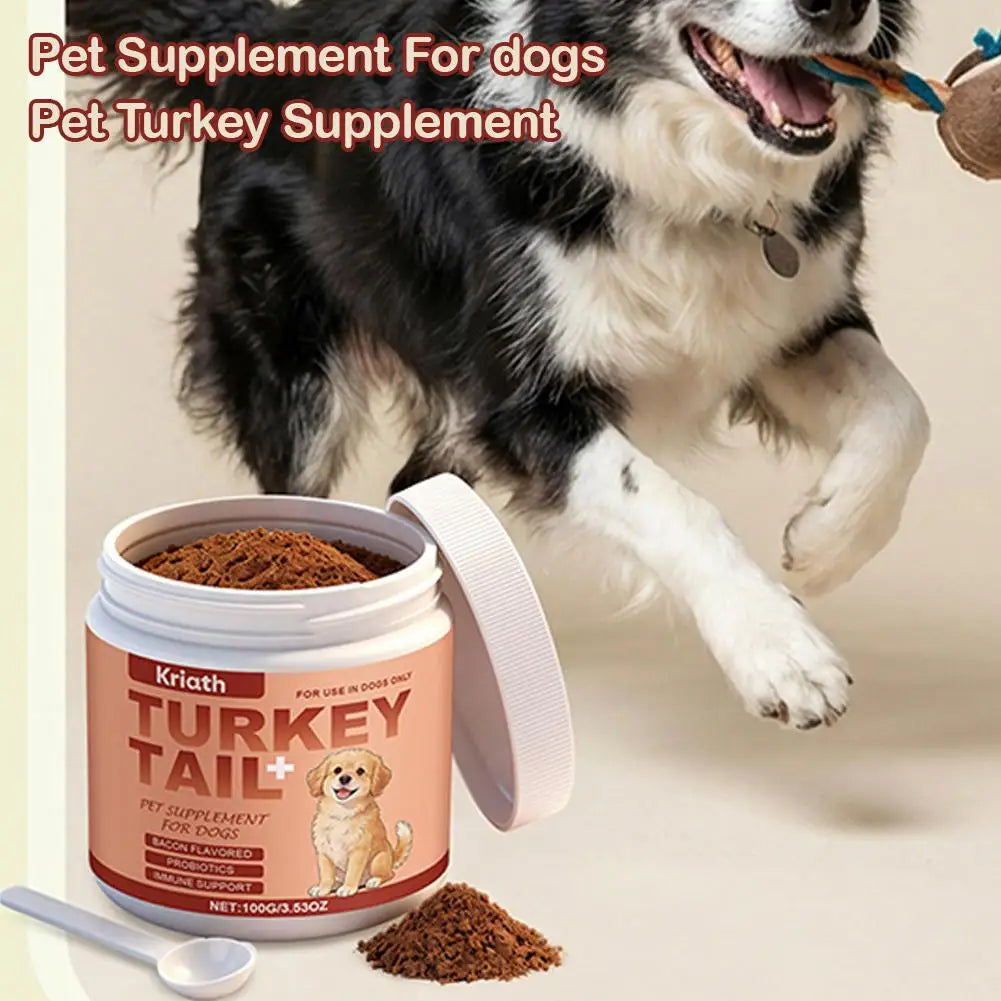 A tub of bacon-flavoured turkey tail dog supplement powder with immune support, shown with a playing dog and scoop.