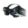 Black virtual reality headset with integrated headphones and adjustable head straps on a white background.