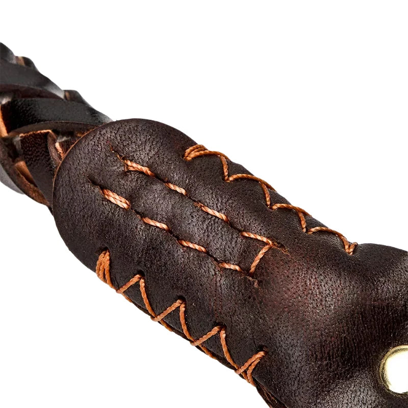 Dark brown braided real leather dog collar with decorative contrast stitching and a sturdy metal eyelet.