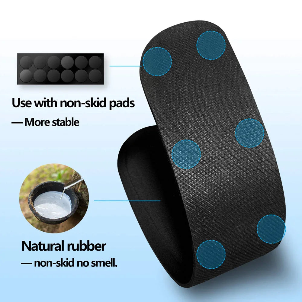 Black, curved, natural rubber anti-skid floor pad with circular adhesive grip stickers.